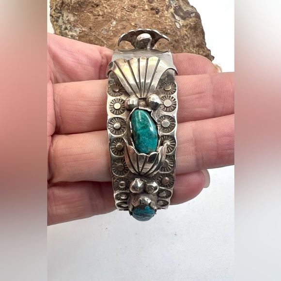 Signed ARB Navajo Sterling Silver Natural Turquoise Watch Cuff Bracelet 7" - Picture 8 of 12